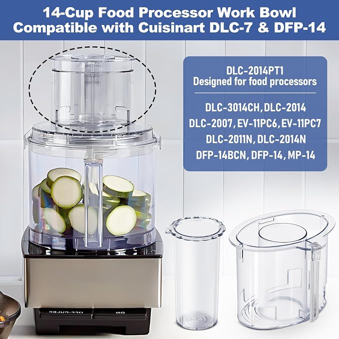 14-cup Large Pusher DLC-2014PT1 and Small Pusher DLC-2014SPT1-1, Compatible 4 Locking Tabs DLC-005AGTXT1 Bowl and DFP-14NWBCT1X Cover, Food Processor Parts Replacement Fits DFP-14 DLC-2014