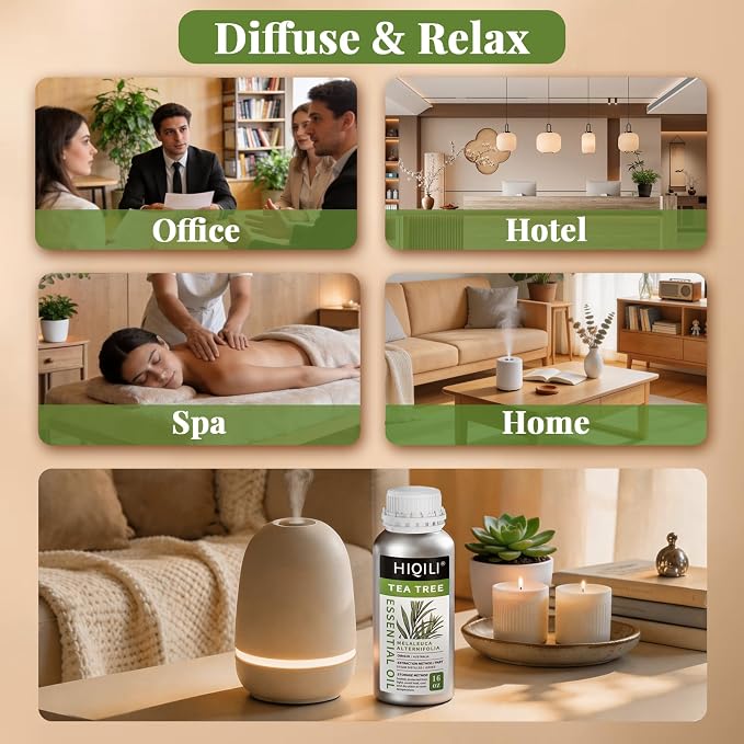 HIQILI Tea Tree Oil for Skin, Hair, Nail, Diffuser, Soap Making | Includes Two Portable Decanters - 500mL / 16 fl.oz