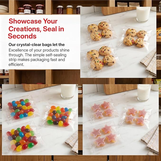 200Pcs 5.5*5.5in Clear Cookie Bags, Self Sealing Cellophane Bags Resealable Self Adhesive Treat Bags for Cookie Packaging, OPP Individual Gift Giving Bags for Party Favors, Homemade Baking