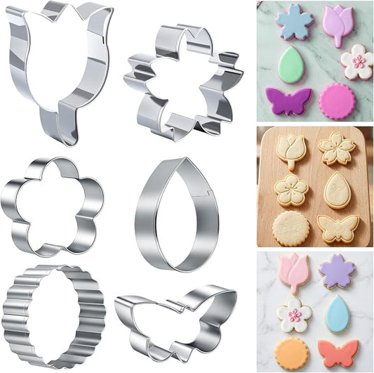 6pcs Flower Cookie Cutter Set Stainless Steel Spring Cookie Cutters Summer Butterfly Tulip Flower Biscuit Fondant Molds for Christmas Home Baking Tool Party Favors