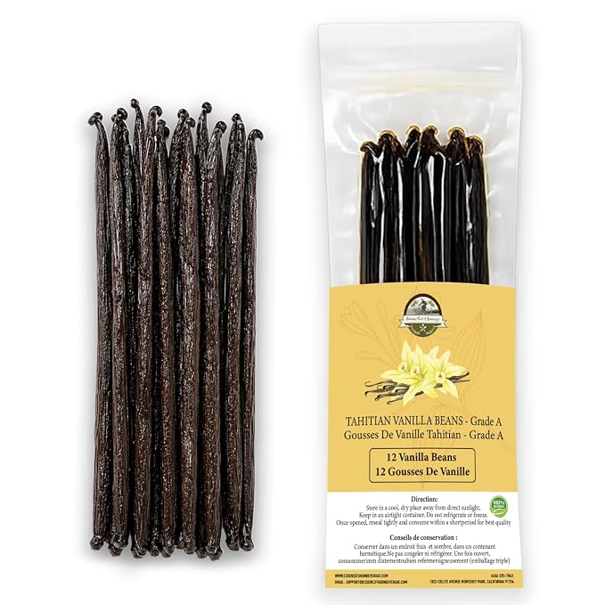 12 Plump Tahitian Vanilla Beans for Making Vanilla Extract, Grade A, From Papua, Perfect Homemade Extract, baking and cooking (12 BEANS)