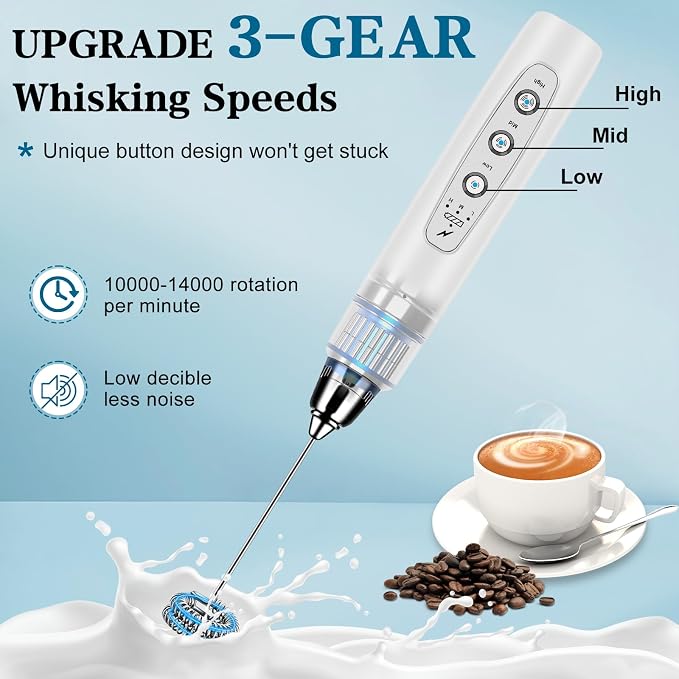 BSRGMS Milk Frother Handheld with Stand, Electric Whisk 3 Speed Adjustable, Drink Mixer with Stainless 3 Whisk, Rechargeable Hand Frother Wand, Foam Maker for Latte Cappuccino Hot Chocolate Egg White