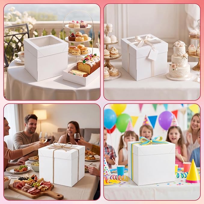 CRUGLA 24 Pack 10x10x10 Cake Boxes, White Bakery Window Boxes, Tall Dessert Carrier for Birthdays, Weddings & Bake Sales