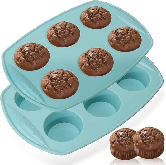 6-Cavity Silicone Muffin Pan, Circular Shape Non-Stick Baking Mold for Cupcakes, Egg Tarts, Fruit Pies, Brownies, Oven & Dishwasher Safe (-104°F to +446°F), BPA-Free Flexible Bakeware - Nordic Blue