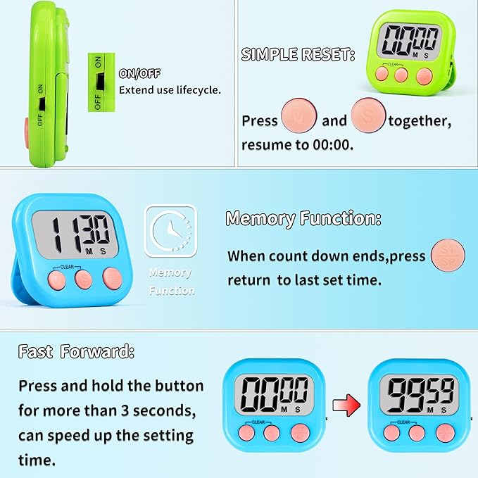 Timer for Kids Teachers Digital Kitchen Timers for Cooking Large Magnetic Classroom Timer 4Pack-Blue Green
