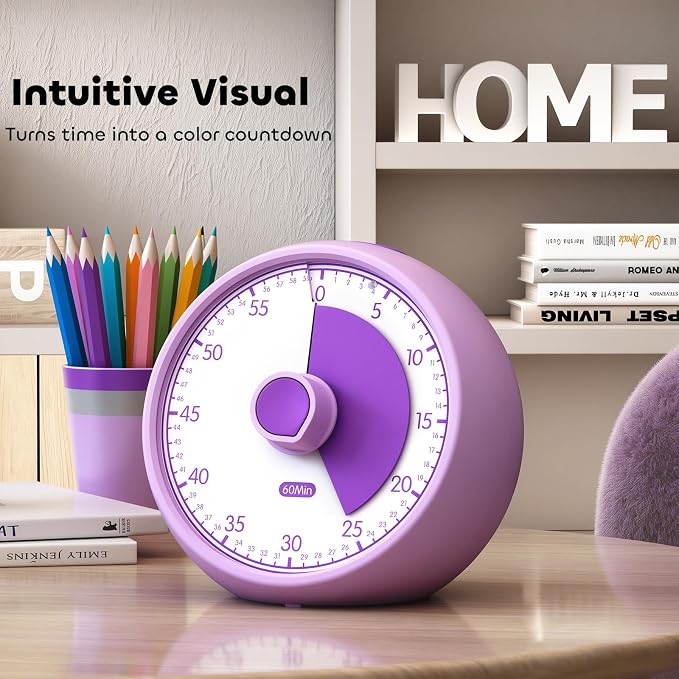 Visual Timer for Kids 60-Minute Countdown Timer with Optional Alarm, Focus Tool for ADHD & Autism, Time Management for Homework, Chores, Office, Kitchen, Teaching & Study Routines (Purple)