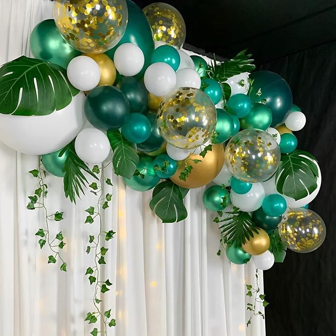 Voircoloria 105pcs Dark Green Balloons 12inch Hunter Green Balloons for Birthday Dinosaur Baby Shower St. Patrick's Day Summer Jungle Forest Safari Party Decorations