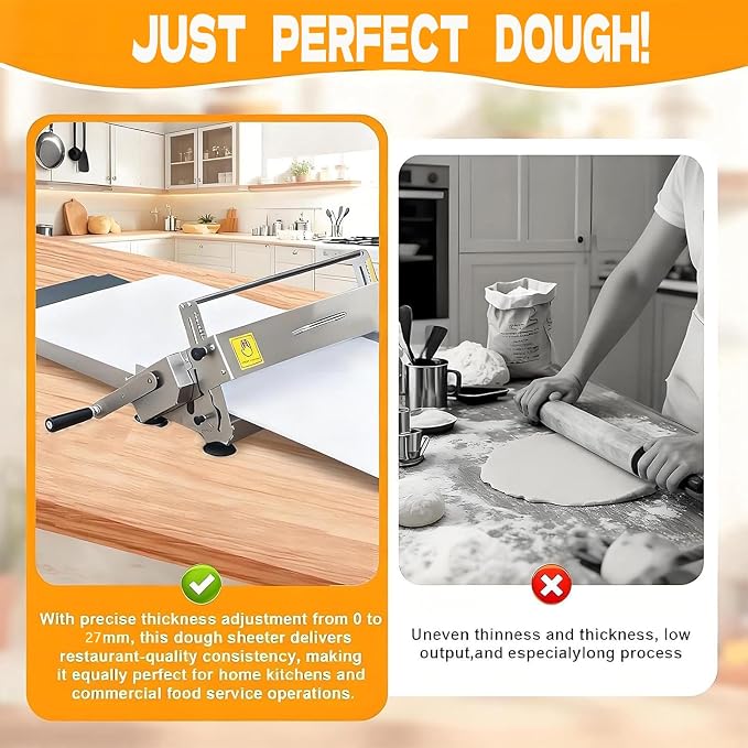 Manual Dough Sheeter Machine, Dough Roller Machine, Stainless Steel, 0-27mm Thickness Setting, with Press Panel, for Pizza Dough, Croissants and Puff Pastry Processing
