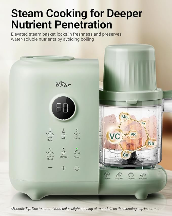 Bear Baby Food Maker with 18.5oz Dual-Layer Steam Baskets, OneStep Baby Food Processor Steamer Puree Blender Grinder Mills, Auto Cooking Grinding&Sterili-zing for Healthy Homemade Baby Food, BPA-Free