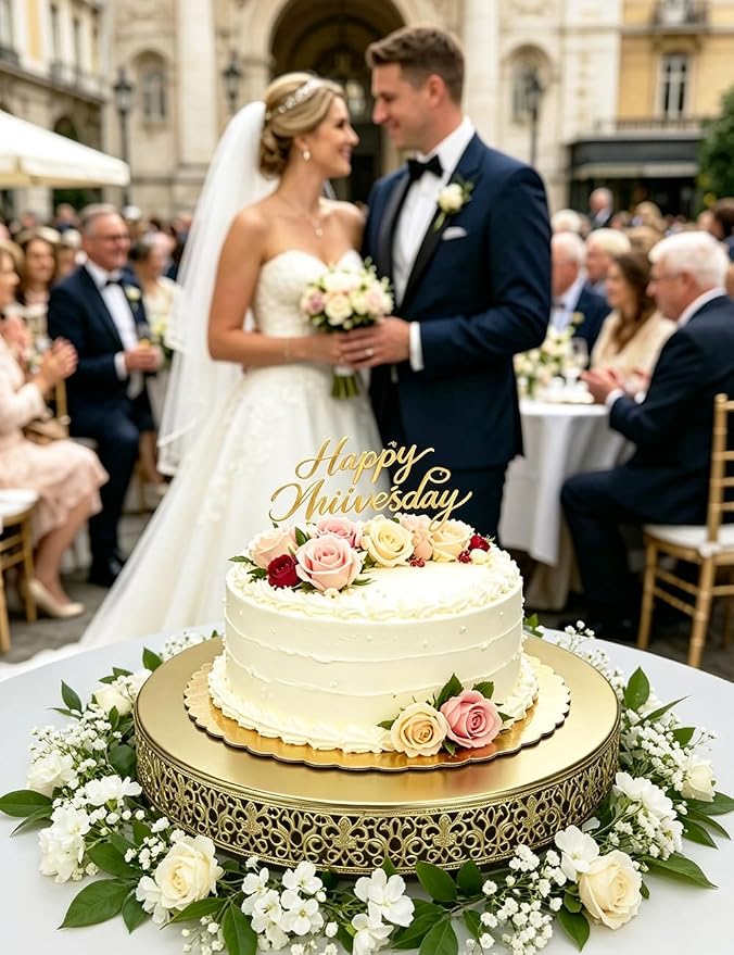 16 Inch Luxury Light Gold Cake Stand, Round Metal Dessert Display with Ornate Filigree Lace, Dual‑Coated Premium Finish for Wedding, Anniversary & Elegant Home Decor