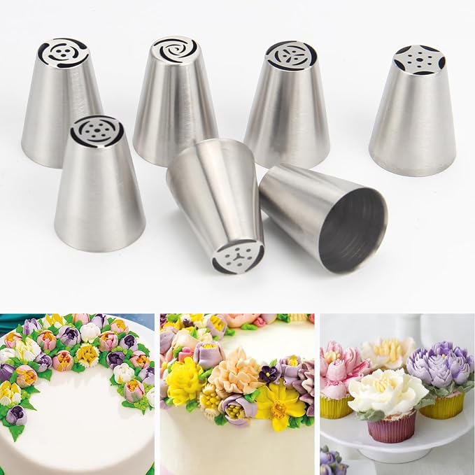 7-Pieces Large Russian Piping Tip, 304 Stainless Steel Korean Style Nozzle, Creative Frosting, Buttercream, and Bean Paste Decorating Tip for Cupcakes, Cookies, and Desserts (L, Style 1)