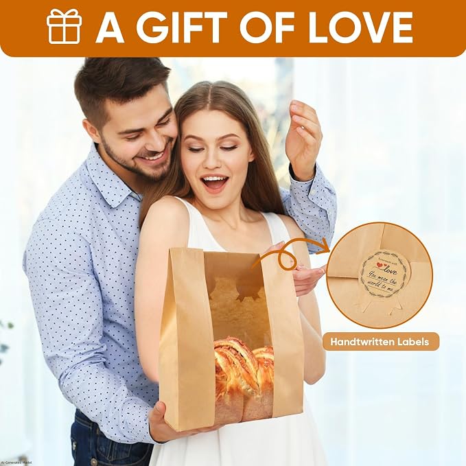 50 Pcs Bread Bags for Homemade Bread With Window Sourdough Paper bread Bags.(13.7x8.2x3.7 in),Packaging & Storage of Baked Goods Suitable for Bakers.Package includes 60 Cute Sealing Stickers.