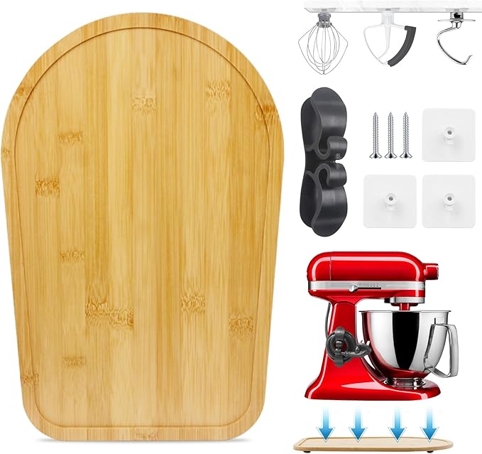 Sliding Mat for Kitchen aid 4.5-5 Qt Stand Mixer with 1Pc Cord Organizer and 3Pcs Attachment Holder for Kitchen Appliance Slider Counter, Moving Tray (Bamboo, Natural)