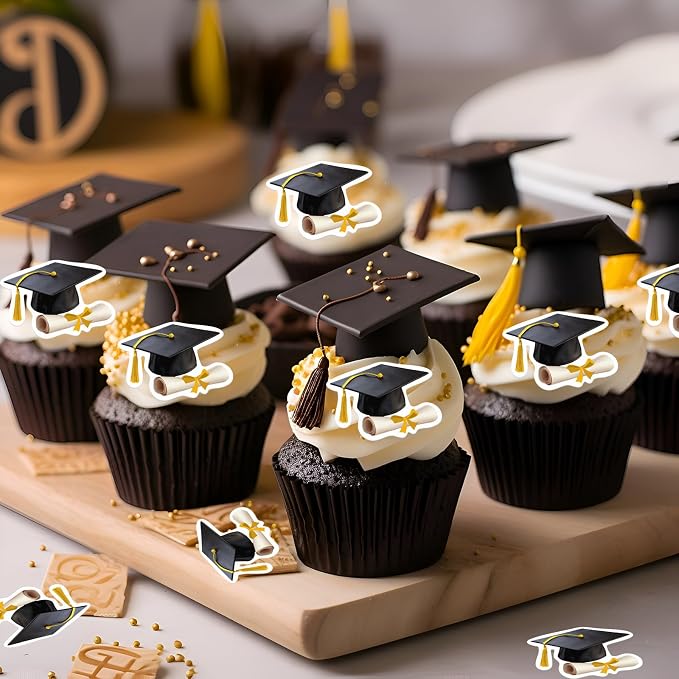 48pcs Edible Graduation Cap Cupcake Toppers Wafer Paper Gold Grad Cap Diploma Cake Decorations Edible Grad Cap Cupcake Picks for 2026 Graduation Theme Party Cake Decor Supplies