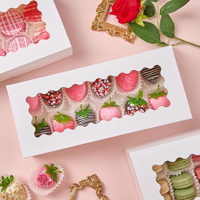 30 Pack Auto Pop-up Cookie Boxes with Window, 12.5" x 5.5" x 2.5", White | Bakery Treat Boxes, For Chocolate Covered Strawberries, Cake Pops, Donuts, Cocoa Bombs, Sugar Cookies, Pastries