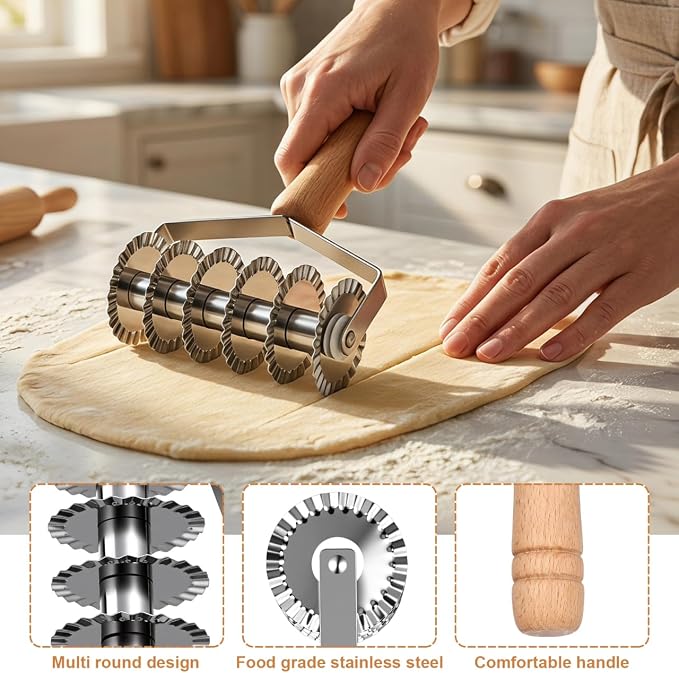 OSALADI Lattice Dough Cutter with Wooden Handle 8.07In Kitchen Gadget for Pastry Pie Pizza Noodle Cutting Tool Stainless Steel Lattice Roller for Home Baking