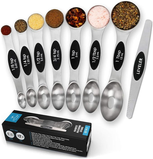 Premium Stainless Steel Magnetic Measuring Spoons, 8 Piece Set with Leveler, Easy to Attach and Detach, Double-Sided Design fits Spice Jars, Perfect for Measuring Liquid & Dry Ingredients - by Zulay