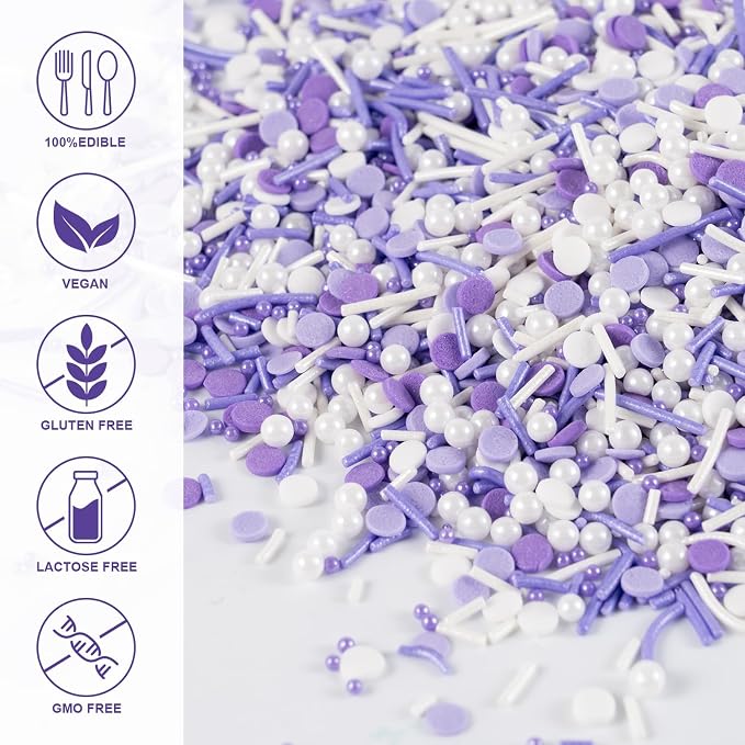 Purple Sprinkles for Cake Decorating Edible Purple Confetti Sprinkles Topper for Cookie Cupcakes, Candy, Cream, Chocolate Cake Decorations - Jimmies, Nonpareils, Sugar Pearl 7ounce