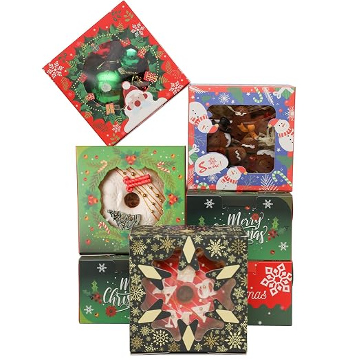 qiqee Christmas Bakery Boxes with Window 52pcs 4x4x2.5 Inch Mini Cookie Boxes Macaron Boxes Small Donut Pastry Boxes for Christmas