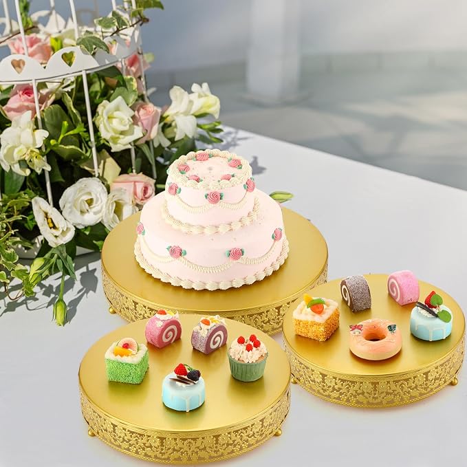 Wenqik 3 Pcs 12/14/16 Inch Gold Cake Stand Set, Metal Round Cake Dessert Display Holder Stand Plates for Wedding Birthday Baby Shower Housewarming Party Celebration