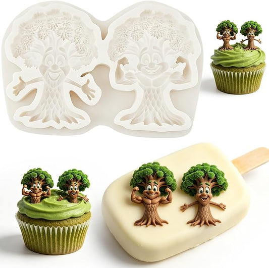 1Pc Cartoon Strong Tree Silicone Mold 2-Cavity Enchanted Forest Plant Cake Decorating Fondant Mold for Flexible Gum Paste Pastry Baking Tool Woodland Party Cupcake Toppers Chocolate
