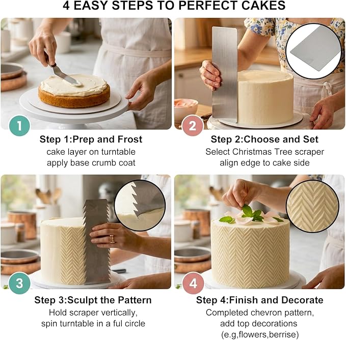 3 Pcs Stainless Steel Cake Scraper Set, 8.7 Inch Chevron Fir-Tree, Double-Sided Stripe & Wave, Smooth Edge Icing Smoother for Buttercream Cake Decorating