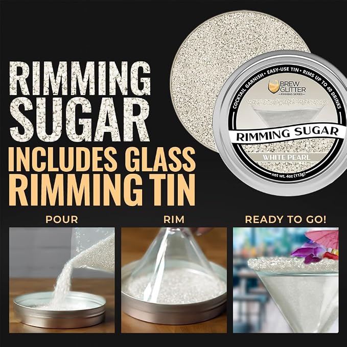 Brew Glitter - White Rimming Sugar (4oz, 1x Bar Tin) Cocktail Garnish for Mixed Drinks & Refreshments