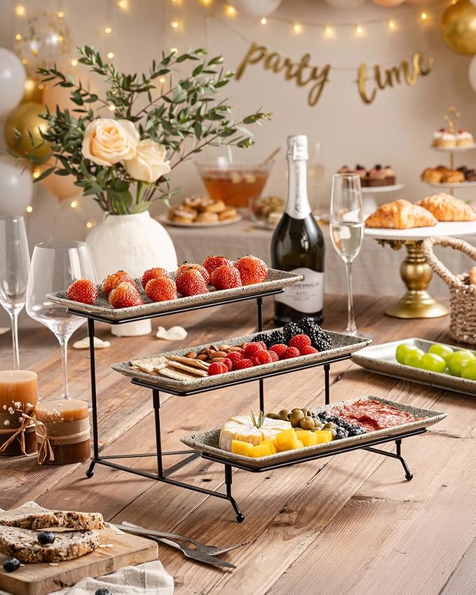 LAUCHUH 3 Tier Serving Tray, Porcelain Serving Platters and Trays for Party 12 Inch Tiered Tray Stand Cupcake Stand with Collapsible Sturdier Rack for Father's Day Serving Food, Speckled Gray
