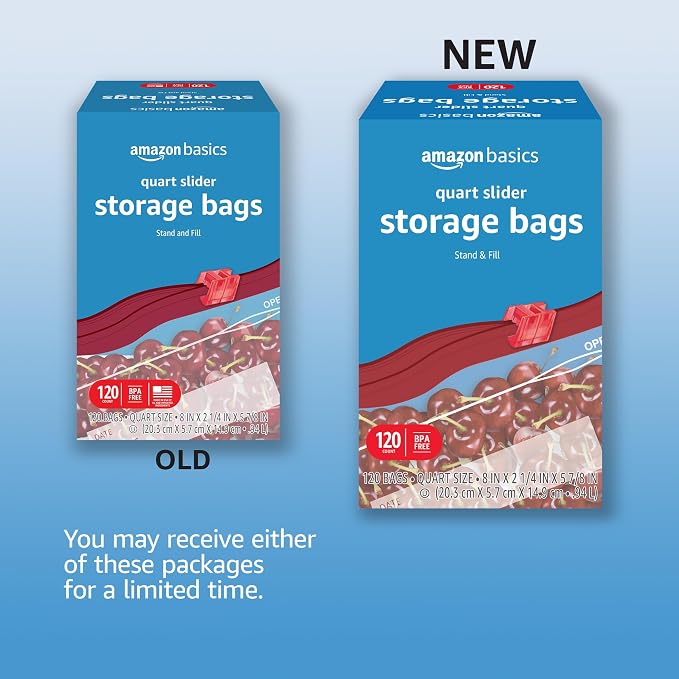 Amazon Basics Slider Quart Food Storage Bags with Stand-Up Bottom, Easy to Fill, BPA Free, 120 Count (Previously Solimo)