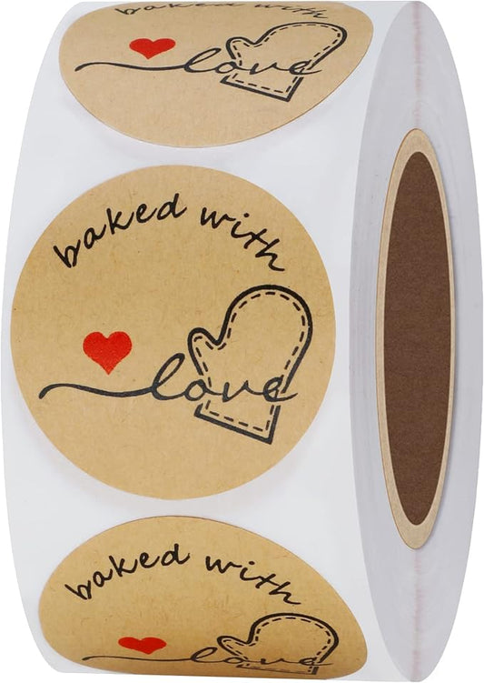 Hybsk Rustic Baked with Love Stickers with Wreath Around 1.5" Inch Round Total 500 Adhesive Labels Per Roll(Kraft)