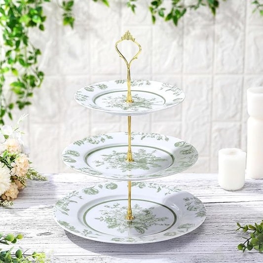 Lallisa Sage Green Floral 3 Tier Dessert Stand 10", 9" and 7" Ceramic Vintage Chinoiserie Tea Party Tiered Tray Cupcake Stand Display Holder Tower for Wedding Baby Shower Bridal Shower Tea Party