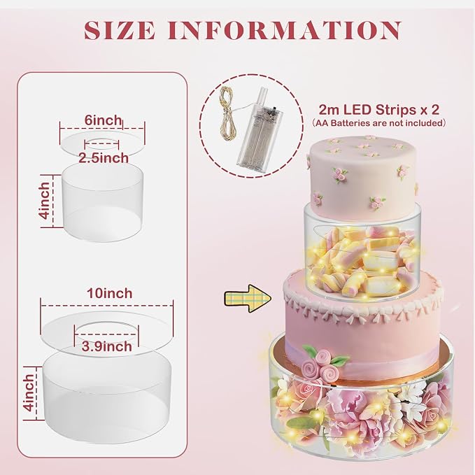 SAMYUCHO Acrylic Cake Stand with Led Lights, 2 PCS Round Cake Riser | 6"Dx4"H 10"Dx4"H, Tight Lid Design, DIY Decoration, Reusable Clear Display Cake Tier, For Party Wedding Holiday