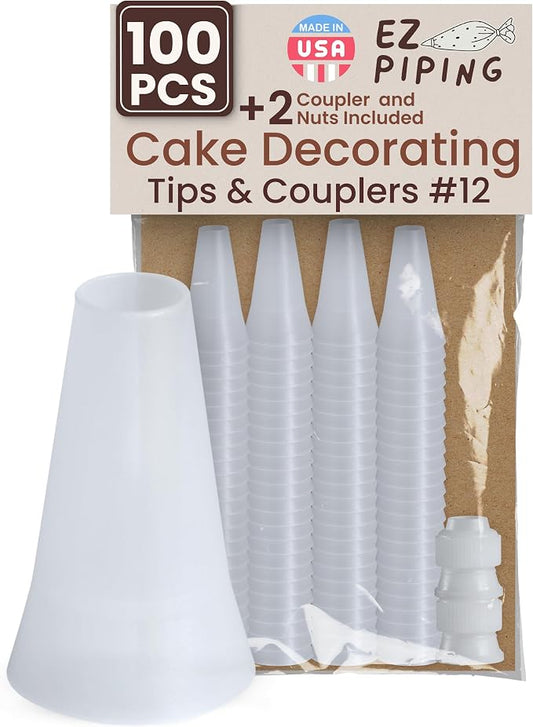 Reusable Plastic Piping Tips - Standard Size Round Tip #12 100 Pack with 2 Couplers Icing Nozzles for Cake Decoration Dessert Design Baking Supplies and Piping Bags Base Ø 0.75" Height 1.25"