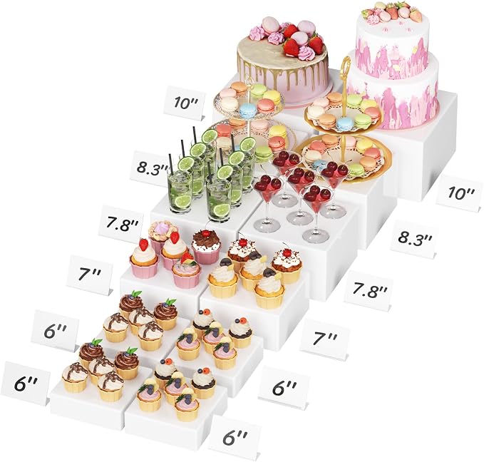 Lifewit 12 PCS Buffet Risers and Stands, Up to 25 cm/10" Food Risers for Buffet Table, Catering Dessert Cake Holder for Party, Collectibles Jewelry Display Shelf, Nesting Cube Boxes, (6",6",7",7.8",8.3",10")White