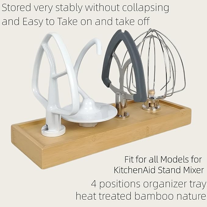4 Stations Stand Mixer Attachment Holders for KitchenAid Mixer Accessories | As resting spot while switching attachments during dough mixing, Air dry tray after washing, Bamboo nature tray with 4 pegs