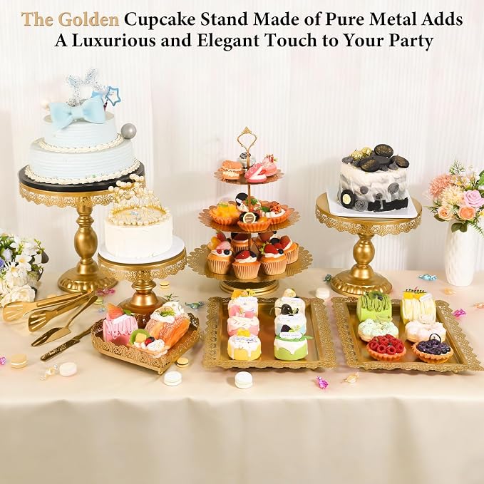 12 Set of Gold Cake Stand, Metal Gold Cupcake Stand and Bases para Postres de Mesa, Elegant Gold Dessert Stands for Party and Wedding, Easy to Clean Desert Table Display Set