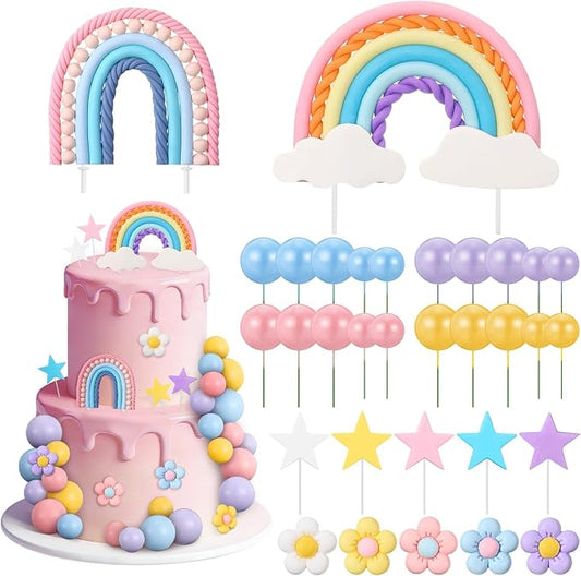 32 Pcs Rainbow Cake Topper with Flower Star Cupcake Toppers Pastel Balls Cake Topper, Boho Groovy Cake Decorations for Birthday Wedding Party