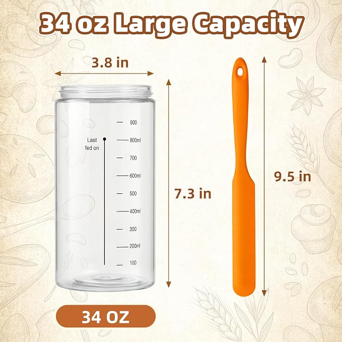34 oz Sourdough Starter Jar, Large Artisan Glass Sourdough Starter Jar Kit with Long Silicone Spatula, Temperature Strip, Feeding Tracking Band, Linen Cloth Cover & Aluminum Lid