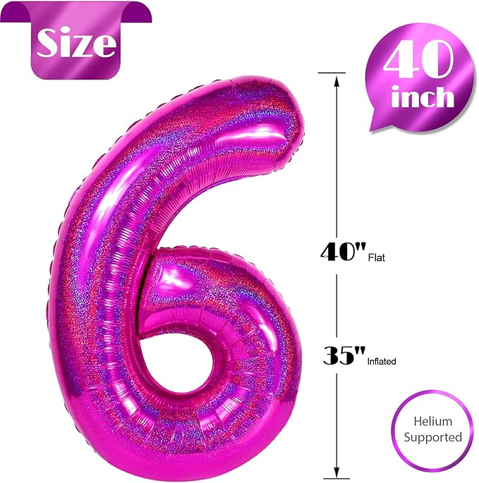 Laser Hot Pink 6 Balloon, Number Balloons 40 Inch, 6th Balloons for Birthday Decorations, Laser Hot Pink Party Supplies 6 Birthday Balloon, Number 6 Balloon