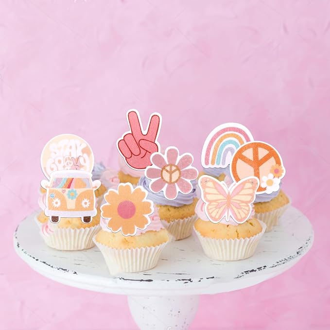 63 PCS Edible Hippie Party Cupcake Toppers Peace Sign Hand Butterfly Two Groovy Cupcake Picks Dasiy 60s Retro Boho Cake Decorations for Hippie Two Groovy Carnival Theme Birthday Party Supplies