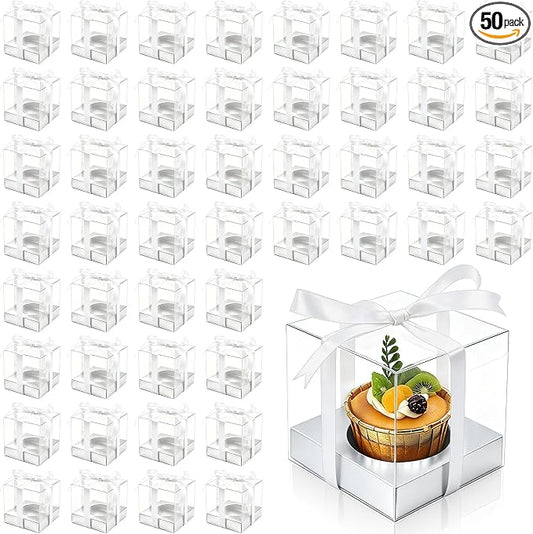 50 Pcs Sliver Clear Plastic Cupcake Boxes, Individual 3.5 Inch Single Holder Containers with Insert and Ribbon, Paper Base for Wedding, Birthday, Party Favor Gift