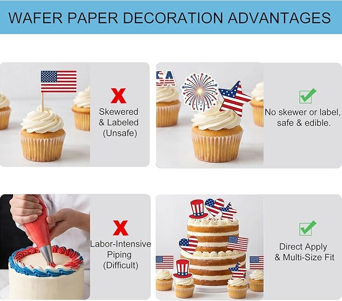 50PCS Edible American Flag Cake Decorations Patriotic Wafer Cupcakes Toppers for 4th of July, Independence Day Parties & Birthday Celebrations (50, American Flag & Star)