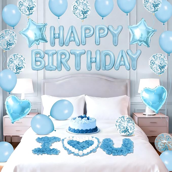 Blue Happy Birthday Balloons Decorations Light Blue Birthday Balloon Letters Banner with Star Heart Balloons 1000 Pcs Artificial Rose Petals 24 Flameless LED Candles for Hotel Birthday Party Supplies