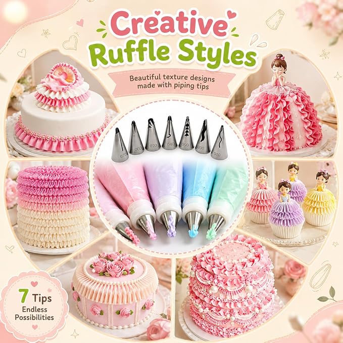 7 Pcs Pleated Skirt Piping Nozzles Set, Stainless Steel Russian Piping Tips Set For Pastry Fondant, DIY Icing Nozzle Tool for cakes