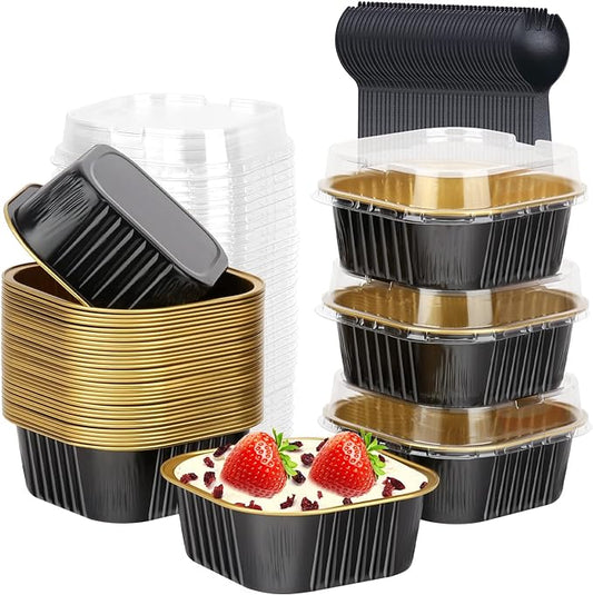 LNYZQUS Mini Cake Pans with Lids and Spoons,10oz Disposable Small Foil Baking Tins,40 Pack Individual Cake Containers for Home Bakers Bake Sales-Black,4x4 Square