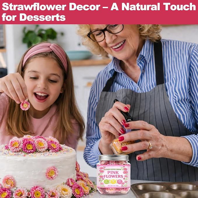 50+ Edible Dried Flowers for Cake Decorations - Food Grade Dried Pink Strawflower Blooms for Cocktail Garnish & Cupcakes, Drink Toppers, DIY Crafts