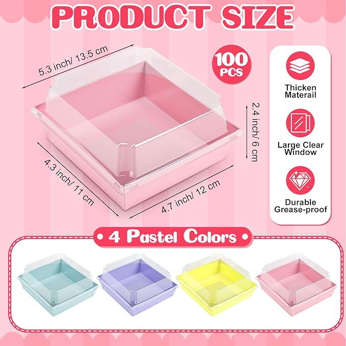 Vesici 100 Pcs 5 Inch Small Charcuterie Boxes with Clear Lids Cake Slice Containers Paper Bakery Boxes Disposable Food Containers for Dessert Cookie Sandwich Mini Cake Strawberry