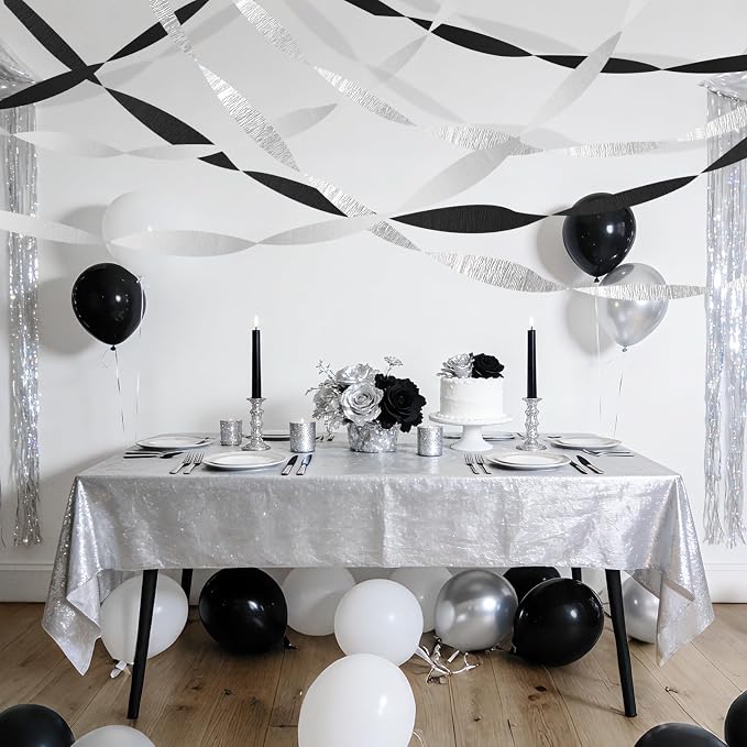 Black Silver White Crepe Paper Streamers - 6 Rolls Party Streamer Decorations for Graduation 2026, New Year's Eve, Birthday, Wedding, Retirement Party Supplies - Silver & Black Hanging Backdrop Decor
