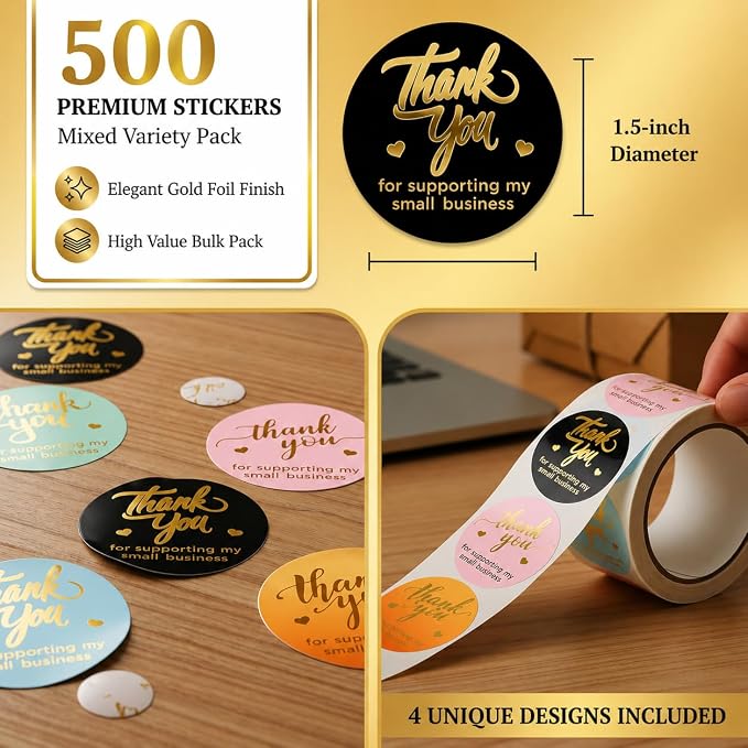 Thank You for Supporting My Small Business Stickers - 1.5" Round Labels (5 Designs, Multicolor) for Small Business, Packaging, Envelopes, Gift Bags, Bakery, Party Favors