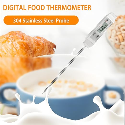 Meat Thermometer, Digital Food Thermometer Instant Read with 120mm Long Probe, Automatic Calibration, Kitchen Cooking Thermometer for BBQ, Grill, Deep Fry, Water Temperature (White)